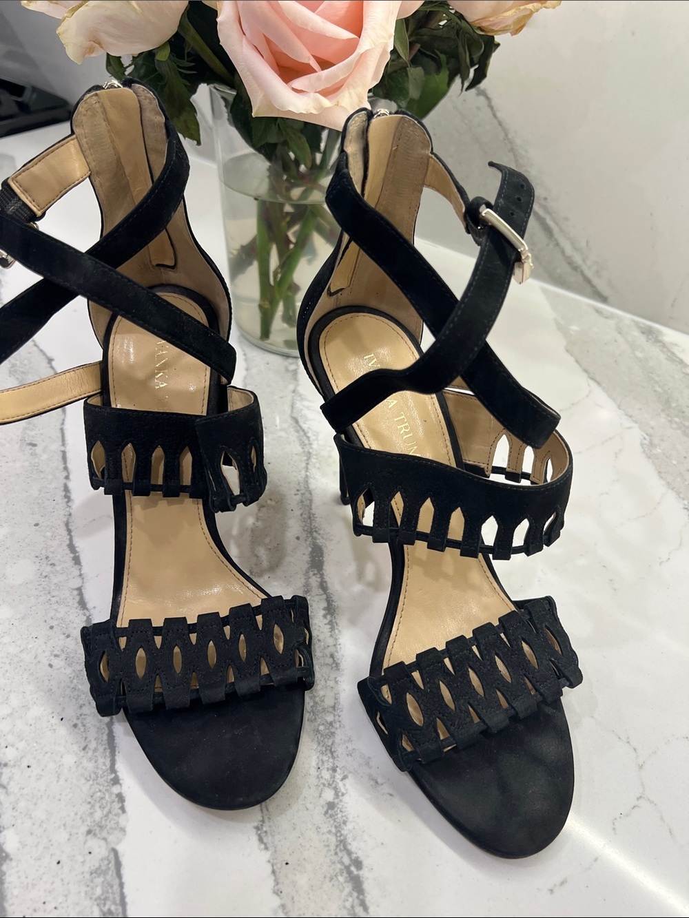 Ivanka Trump Black Suede Cutout Strappy High Heels